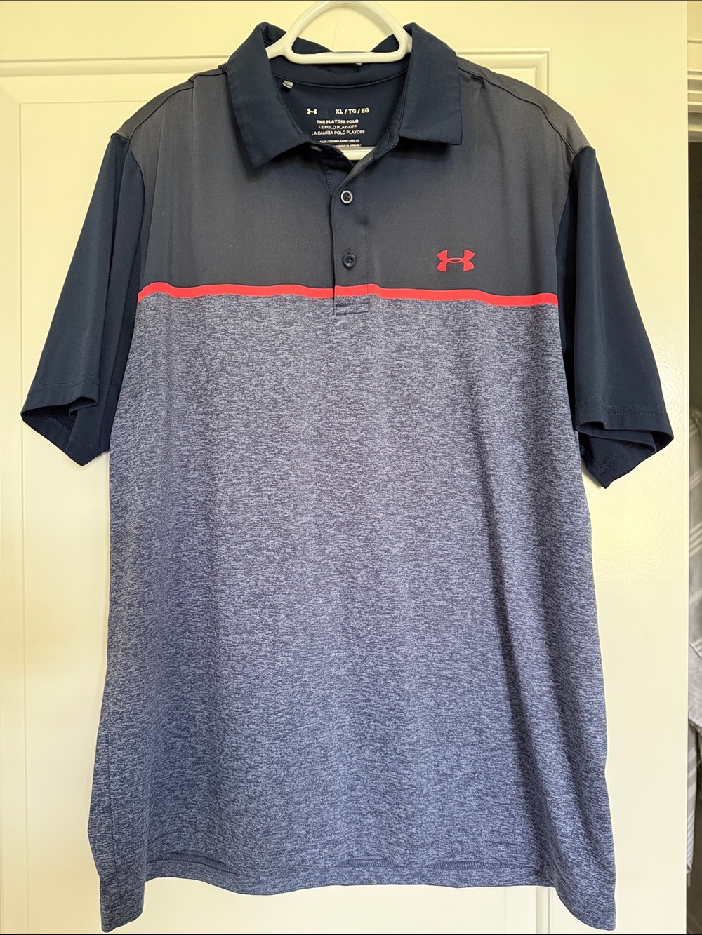 Under Armour Men's Golf Shirt Navy & Heathered Blue Polo with Red Trim